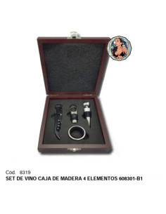 SET DE VINO CAJA DE MADERA 4 ELEMENTOS 608301
